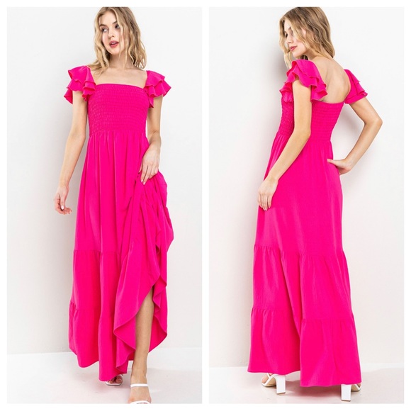 Boho Solid Flared Sleeve Long Tiered Dress - Picture 4 of 4